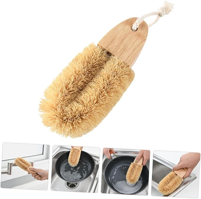 OUNONA Shaped Pot Brush for Wok Cleaning Durable Kitchen Supply with Long Handle and Lanyard for Dishwashing Sinks and Cast Cookware