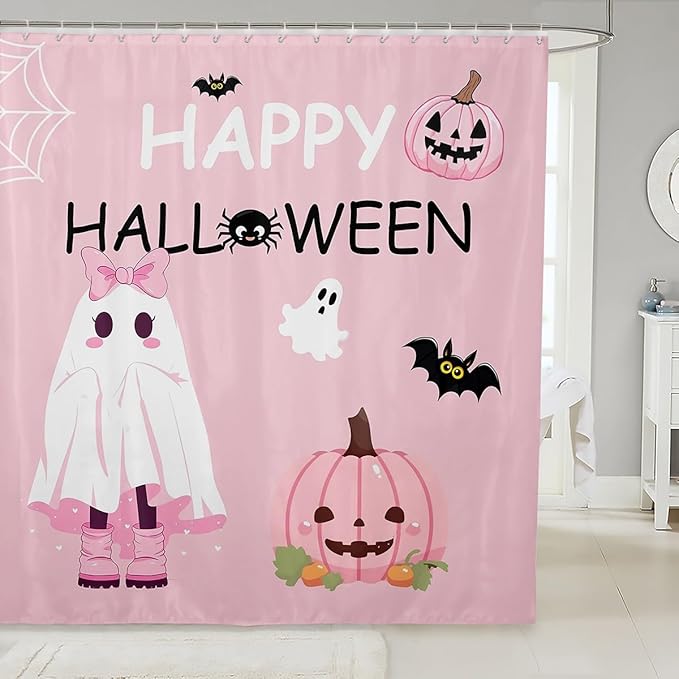 Cartoon Ghost Fabric Shower Curtain,Pumpkin Bat Pink Shower Curtain for Bathroom,Girly Halloween Waterproof Shower Curtain 78 Inch Long