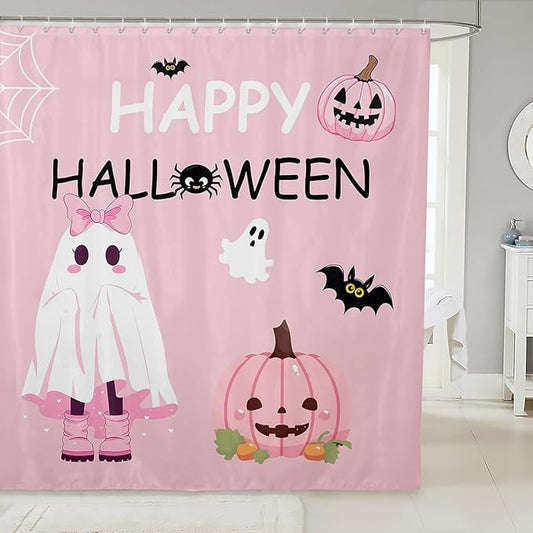 Cartoon Ghost Fabric Shower Curtain,Pumpkin Bat Pink Shower Curtain for Bathroom,Girly Halloween Waterproof Shower Curtain 78 Inch Long