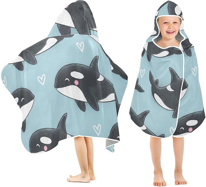 SUABO Kids' Bath Towels Cartoon Whales Love Hooded Towels for Boys Girls,Toddler Towels Multi-Purpose for Beach,Pool and Bathroom,23.5" x 50", Soft and Highly Absorbent