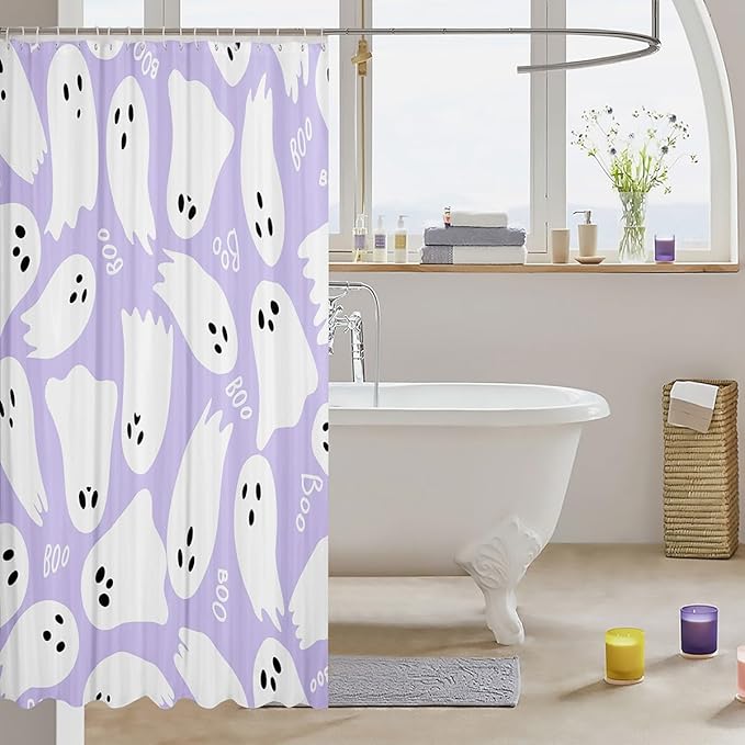 Purple Cartoon Style Bathroom Curtains for Kids Teens Adults,Halloween Theme Shower Curtains,Kawaii Ghost Bath Curtains with 12 Hooks,Waterproof,72" W x 78" L