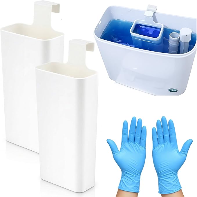 2-Piece Toilet Tablet Holder with Cleaning Gloves, Toilet Tank Caddy for Cleaning Discs, Heavy Duty PP & ABS Cleaner Bracket, Bathroom Organization Set