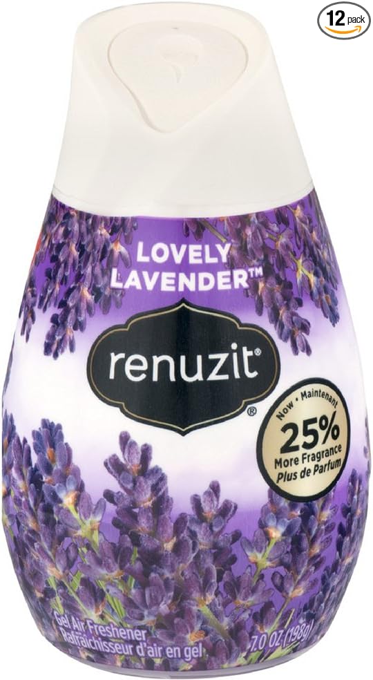 Renuzit Gel Solid Air Freshener, Lovely Lavender Scent, Nonstop Freshness, 12 Total Air Freshener Cones, Brand is Renuzit.