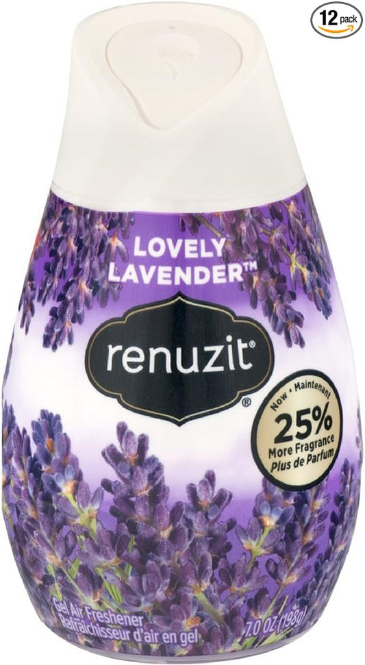 Renuzit Gel Solid Air Freshener, Lovely Lavender Scent, Nonstop Freshness, 12 Total Air Freshener Cones, Brand is Renuzit.