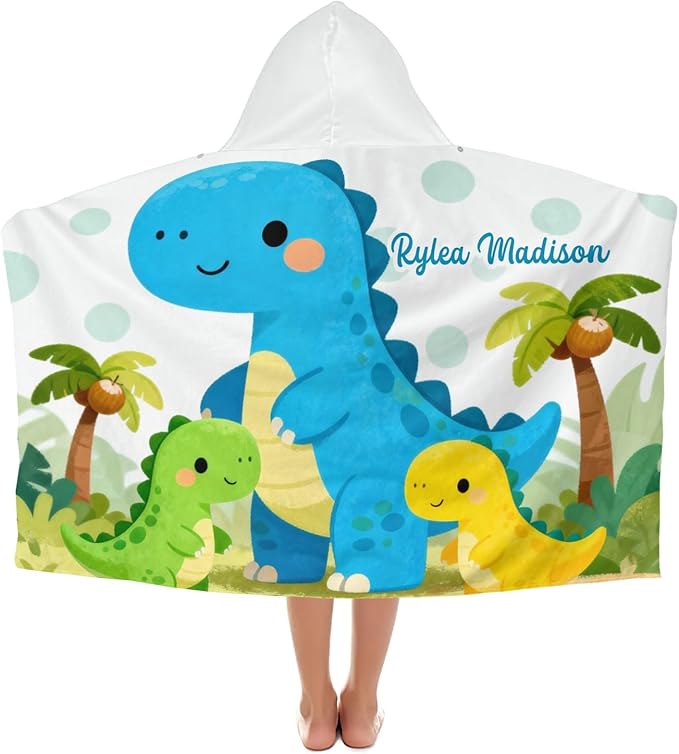 Cute Dinosaurs Jungle Personalized Hooded Towel Absorbent Wrap Soft Pool Beach Bath Towels Hood Poncho for 5-12 Years Kids Boys Girls