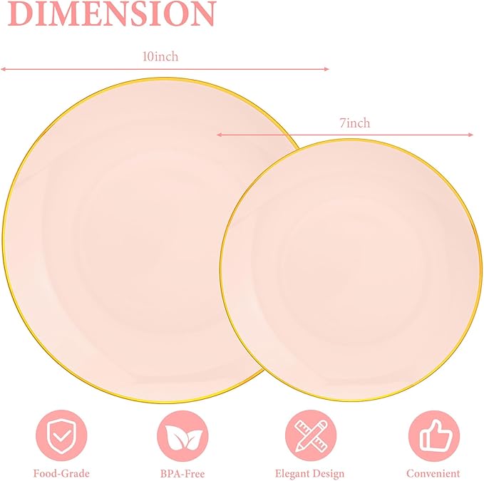 Lullaby 100PCS Pink and Gold Plastic Plates, Disposable Pink Plastic Plate with Gold Rim, 50PCS Dessert Plates 7" and 50PCS Dinner Plates 10", Perfect for Party Wedding and Daily Use