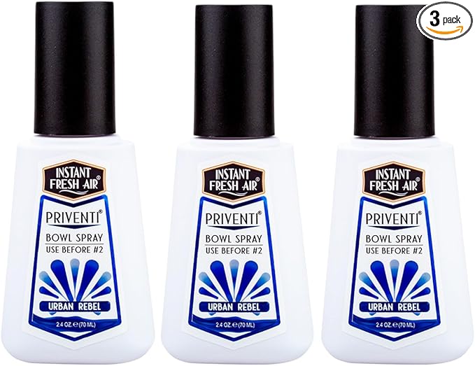 3-Pack - Instant Fresh Air Priventi Toilet Spray & Bathroom Spray Odor Eliminator for Men - Travel Size Odor Elimination for #2 - For Home, Office, Schools, Travel - Urban Rebel Scent - 2.4 oz each.
