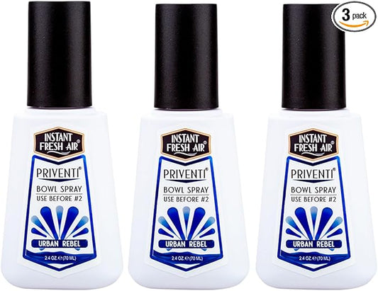3-Pack - Instant Fresh Air Priventi Toilet Spray & Bathroom Spray Odor Eliminator for Men - Travel Size Odor Elimination for #2 - For Home, Office, Schools, Travel - Urban Rebel Scent - 2.4 oz each.