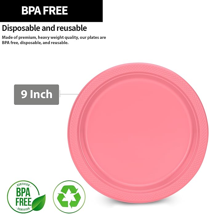 Pink Solid Color Premium Heavy Weight Plastic (9") 50 Count - Perfect for Weddings, Parties & Events, Sturdy & Stylish Tableware Solution