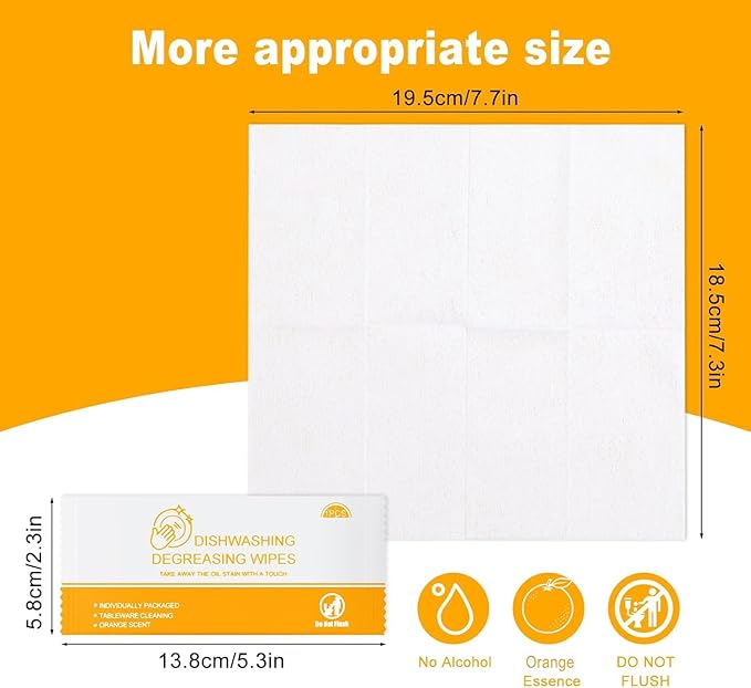 Dish Cleaning Wipes Individually Wrapped Travel Dish Soap Wipes Orange Scent 7.7”x 7.3“ Disposable Wipes Portable for Kitchen Outdoor Traveling Camping RV Quick Clean (500)