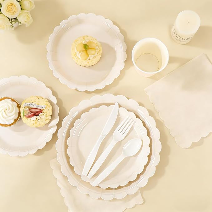 168 Pcs Ivory Paper Plates and Napkins Set, Tableware Set for 24 Guests Include Scalloped Cream Plates Napkins Cups Plastic Cutlery for Baby Shower, Wedding, Bridal Shower