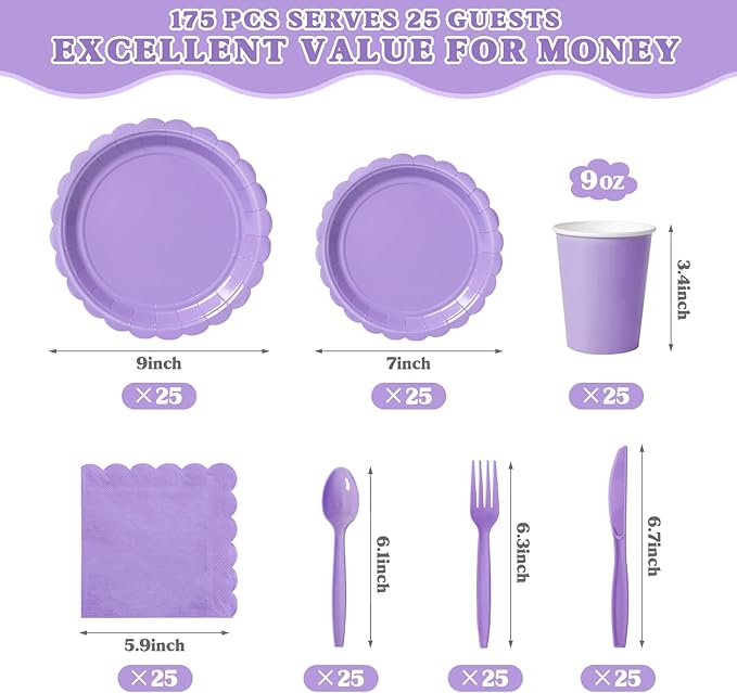 Vyntra 175 Pcs Lavender Purple Disposable Paper Plates and Napkins Set for 25, 9" Dinner Plates & 7" Dessert Plates, Tableware for Baby Shower, Bridal Shower, Birthday, Party