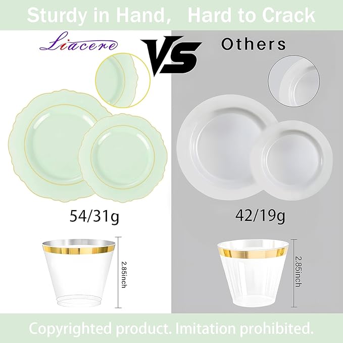 Liacere 350PCS Light Green Plates - Disposable Green and Gold Plastic Plates 50guest Baroque Dinnerware include 100Plates,50Pack Pre Rolled Napkins with Silverware 50Cups for Wedding ＆ Party & Spring