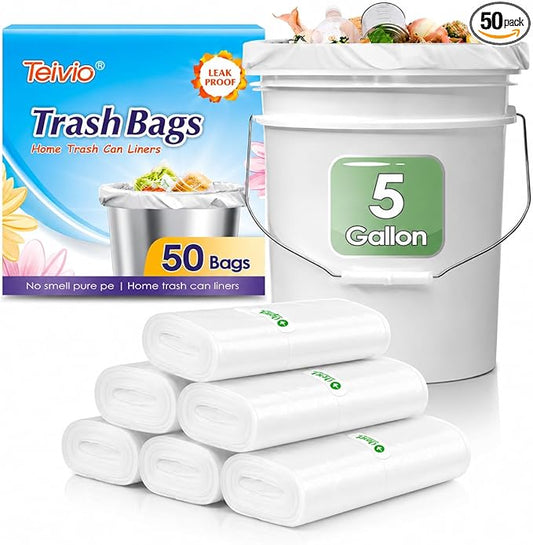 5 Gallon 50 Counts Medium Trash Bags Garbage Bags by Teivio, Bathroom Trash Can Bin Liners, Plastic Bags for home office kitchen, Clear