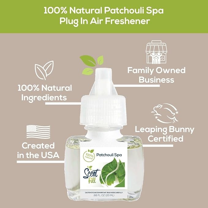 Scent Fill 100% Natural Patchouli Spa Plug in Air Freshener, Scented Oil Refills, 2 Refills + Diffuser