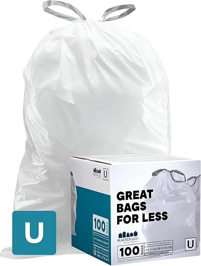 Plasticplace Custom Fit Trash Bags, Compatible with simplehuman Code U (100 Count) White Drawstring Garbage Liners 14.5-21 Gallon/ 55-80 Liter 26.5" x 32"