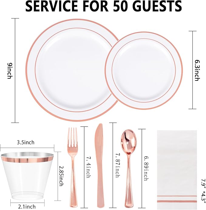 GATHER 350PCS Rose Gold Plastic Plates - Disposable Rose Gold Dinnerware Sets Includes 100 Gold Rimmed Plastic Plates, 150 Silverware, 50 Napkins, 50 Cups for Party, Wedding