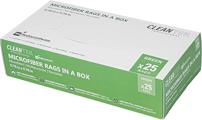 Restaurantware-Clean Tek Professional 11.81 x 11.81 Inch Microfiber Rags in a Box, 250 Absorbent Cleaning Cloths - No-Scratch, Green Microfiber Reusable Edgeless Cleaning Towels, Leaves No Streak