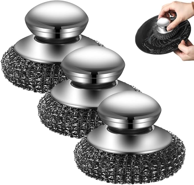 Steel Wool Scrubber with Handle, Upgrade Heavy Duty Stainless Steel Dish Scrubber for Cleaning Dishes, Iron Pots, Stoves, Kitchen Sink (3 pcs)