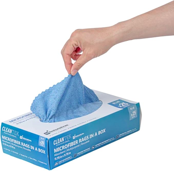 Restaurantware-Clean Tek Professional 11.81 x 11.81 Inch Microfiber Rags In a Box, 250 Absorbent Cleaning Cloths - No-Scratch, Blue Microfiber Reusable Edgeless Cleaning Towels, Leaves No Streak