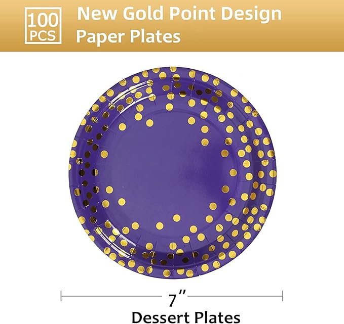 Purple and Gold Paper Plates,7INCH Dessert Party Plates,Purple Foil Polka Dots Paper Plate for Birthdays,Graduation,Mardi Gras,Bridal Parties(100 PCS)