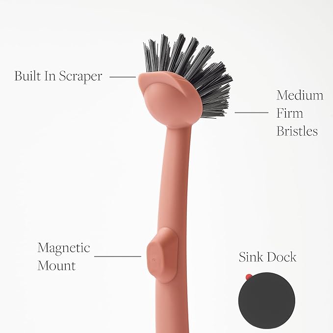 Earth & Mango Magnetic Dish Brush & Scraper, Snaps to Sink, Non-Scratch, Dishwasher Safe, Dish Scrubber – Terracotta Clay