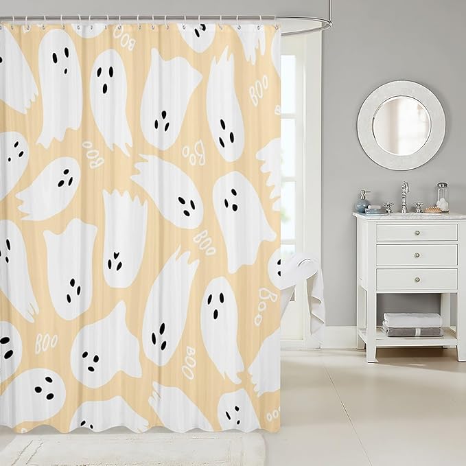 Cute Ghost Fabric Shower Curtain,Happy Halloween Theme Shower Curtain for Bathroom,Yellow Cartoon Style Waterproof Shower Curtain,72 Inch Long