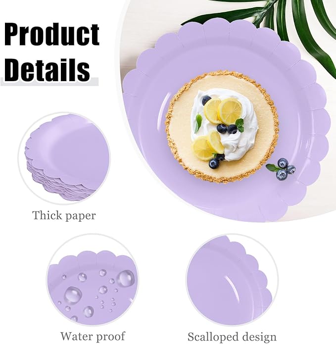 HEIPINIUYE 25 Pieces Light Purple Paper Plates 7 Inch Lavender Scalloped Plates Disposable Dinner Plate for Wedding Baby Shower Birthday Party Dessert Plate