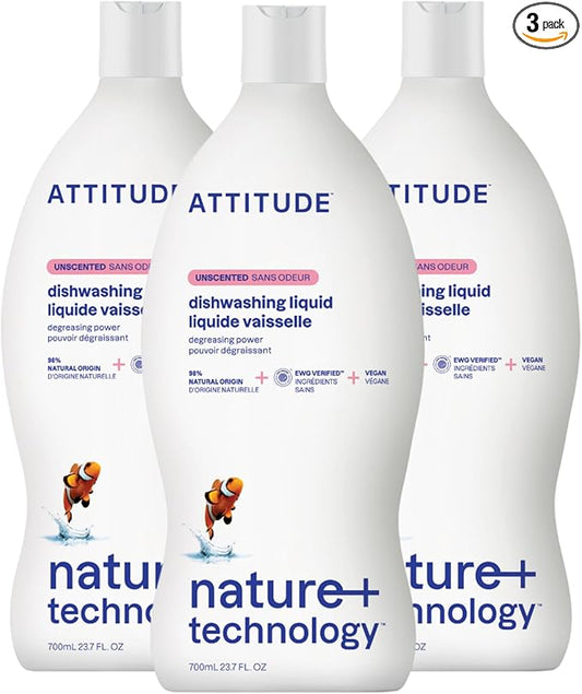 ATTITUDE Dish Soap, EWG Verified, Plant-Based & Vegan Dishwashing Liquid, Naturally Derived, Unscented, 23.7 Fl Oz (Pack of 3)