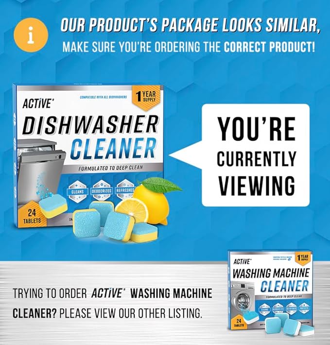 Dishwasher Cleaner Tablets, Deep Cleaning Deodorizer, Removes Limescale and Odors, Lemon Scent, 24 Count