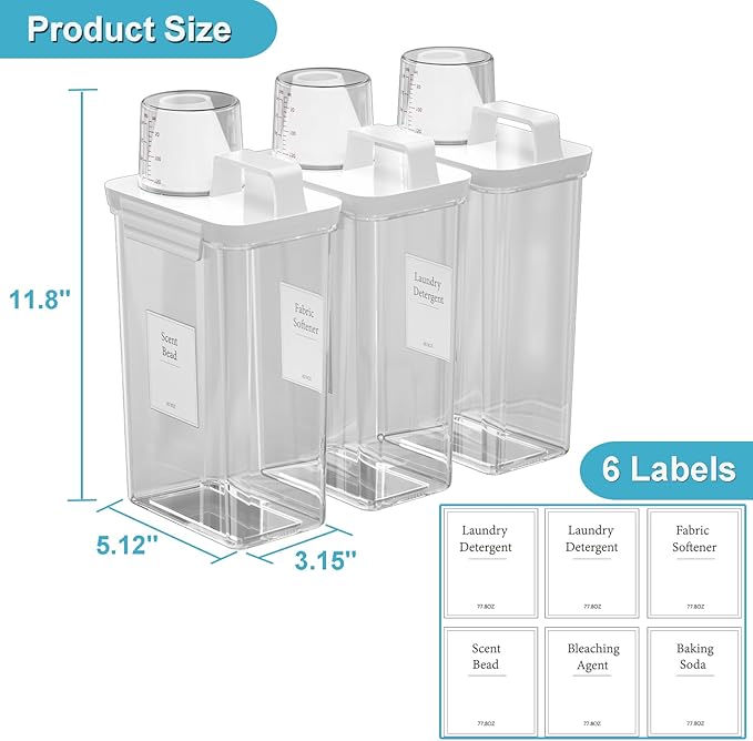 77.8OZ Laundry Detergent Dispenser Container, 3 Pack Liquid Laundry Dispenser, Plastic Detergent Dispenser for Laundry Room/Powder/Fabric Softener with 6 Labels, Clear