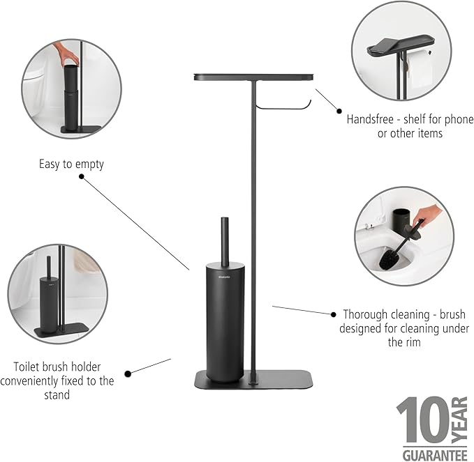 Brabantia Mindset Toilet Butler | Mineral Infinite Gray | Freestanding All-in-One Bathroom Accessory Set | Toilet Paper Holder Stand, Integrated Shelf & Toilet Brush & Holder | Bathroom Phone Holder
