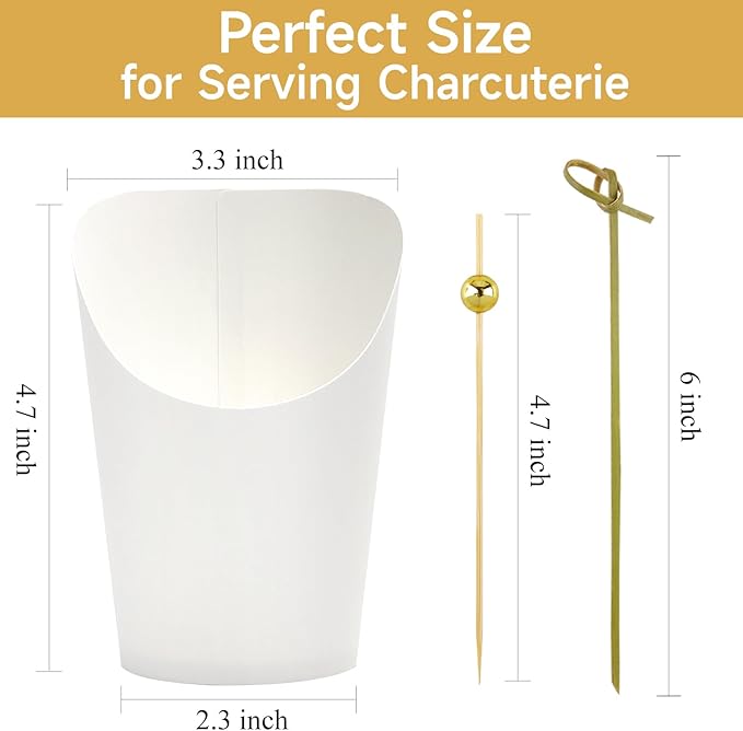 ZORRITA 50 Sets 14 oz Charcuterie Cups with Sticks and Bags, Individual White Paper Charcuterie Boxes Disposable Individual Appetizer Serving Cups (50 Cups + 200 Cocktail Picks + 50 Bags + 50 Ties)