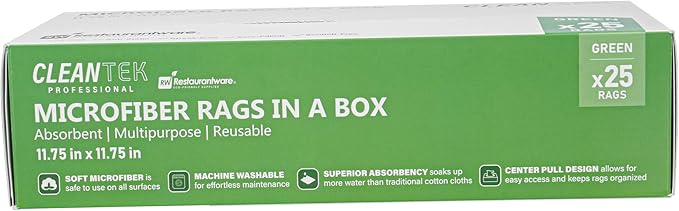 Restaurantware-Clean Tek Professional 11.81 x 11.81 Inch Microfiber Rags in a Box, 25 Absorbent Cleaning Cloths - No-Scratch, Green Microfiber Reusable Edgeless Cleaning Towels, Leaves No Streak