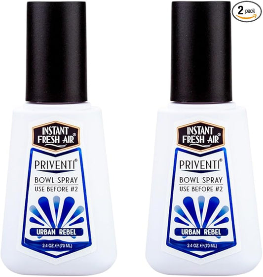2-Pack - Instant Fresh Air Priventi Toilet Spray & Bathroom Spray Odor Eliminator for Men - Up to 300 Uses - Odor Elimination for #2 - For Home, Office, Schools, Travel - Urban Rebel Scent - 2.4 oz