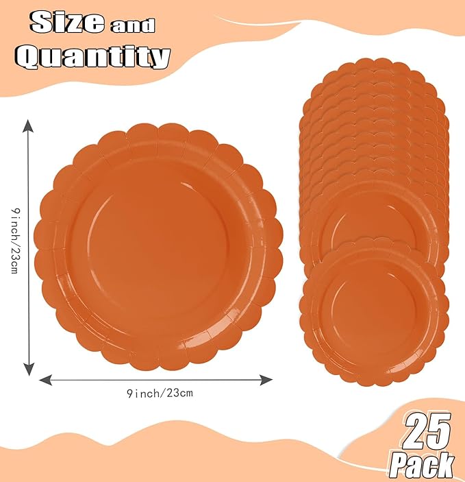 HEIPINIUYE 25 Pieces Orange Paper Plates 9 Inch Fall Orange Scalloped Plates Disposable Dinner Plates for Wedding Baby Shower Birthday Thanksgiving Party Dessert Plates