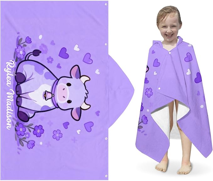 Cow Purple Bell Personalized Hooded Towel Absorbent Wrap Soft Pool Beach Bath Towels Hood Poncho for 5-12 Years Kids Boys Girls