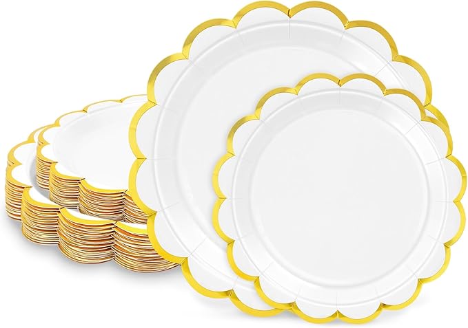 50 Pcs White Paper Plates, 25 Pcs 9" and 25 Pcs 7" Disposable White Scalloped Plates with Gold Foil for Graduation Wedding Baby Shower Birthday Party Picnic BBQ