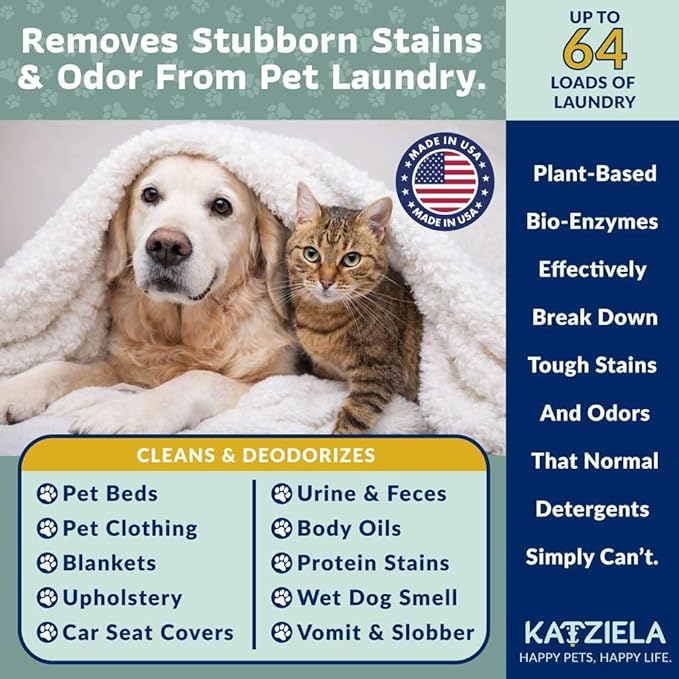 Katziela Enzyme Based Powder Laundry Detergent for Cat Pee, Deodorizer, Urine, Dogs Beds, Pee Pads, Dog Drool, Stain Eliminator 64 Loads