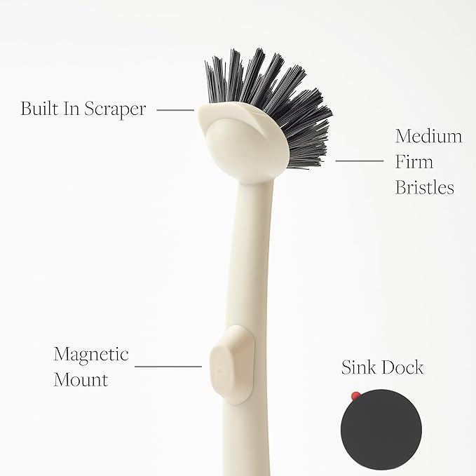 Earth & Mango Magnetic Dish Brush & Scraper, Snaps to Sink, Non-Scratch, Dishwasher Safe, Dish Scrubber – Warm Sand Beige