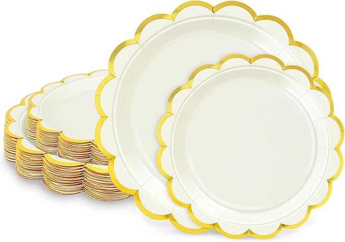 50 Pcs Ivory Paper Plates, 25 Pcs 9" and 25 Pcs 7" Disposable Ivory Scalloped Plates with Gold Foil for Graduation Wedding Baby Shower Birthday Party Picnic BBQ