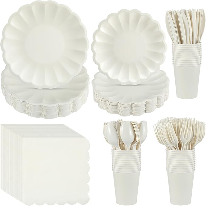 Newtay 350 Pcs Cream White Scalloped Paper Plates Shell Edge Disposable Tableware Cocktail Napkins Cups Plastic Spoons Forks Knives for Wedding Baby Shower Picnic Birthday Party Supply for 50 Guests