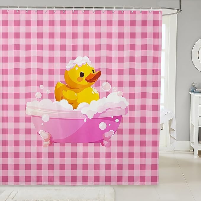 Erosebridal Kids Cute Yellow Duck Shower Curtain Girls Pink Grid Plaid Bath Curtain Farmhouse Pet Animal Bathroom Accessories Cartoon Ducks Fabric Shower Curtains,72" Wx84 L for Teens Boys