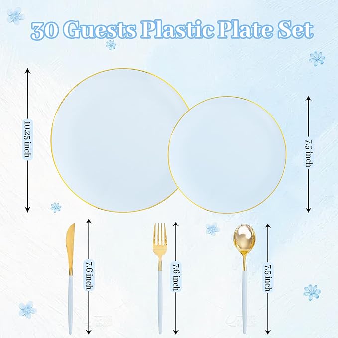 DaYammi 150Pcs Blue Plastic Plates with Gold Rim,Disposable Blue Party Plates Include 30 Dinner Plate,30 Salad Plate,30 Forks,30 Knives,30 Spoons,Fancy Disposable Platos for Party,Wedding,Baby Shower