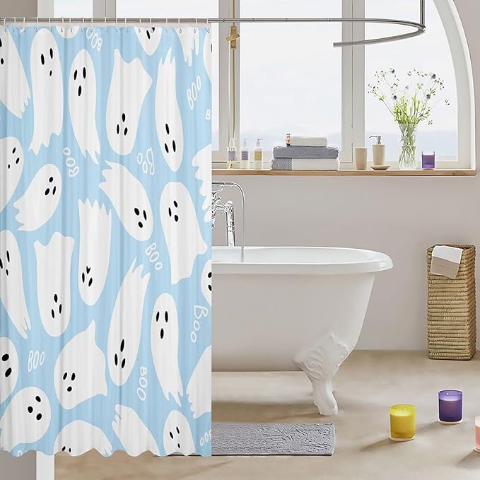 Halloween Trick or Treat Waterproof Bath Curtains with 12 Hooks Suits for Bathtub,Light Blue Watercolor Shower Curtains,Kawaii Cute Ghost Bathroom Curtains,78 Inch Long