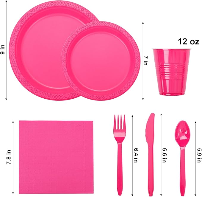 WELLIFE 210Pcs Hot Pink Plates, Disposable Dinnerware Set, Including Hot Pink Plastic plates, 12oz Cups, Plastic Cutlery and Napkins Serve 30 Guests, Plastic Plates for Party and Valentine,Galentines