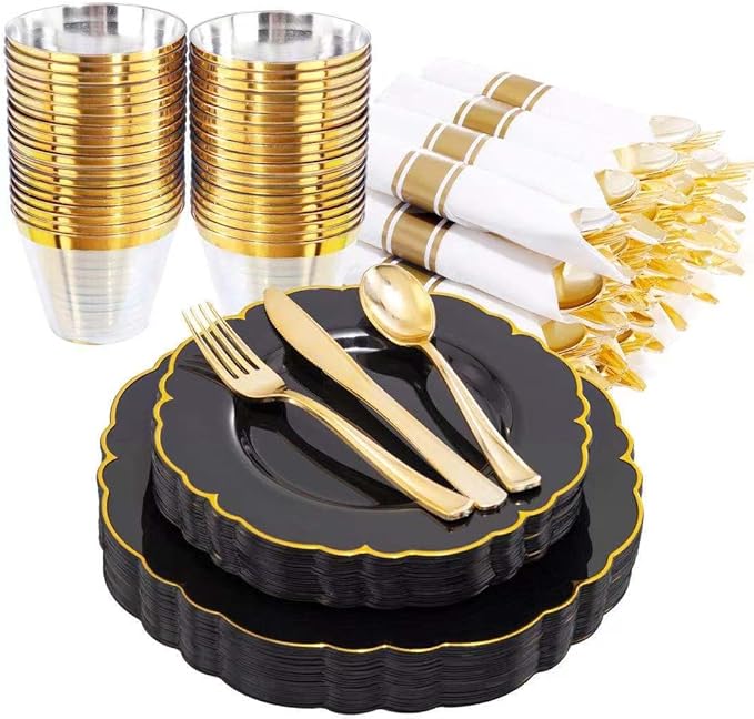 Morejoy 175PCS Black and Gold Plastic Plates, Black Plastic Dinnerware Set for 25 Guests,Include 25 Dinner Plates, 25 Dessert Plates, 25 Cups, 25 Pre Rolled Napkins with Gold Silverware for Party
