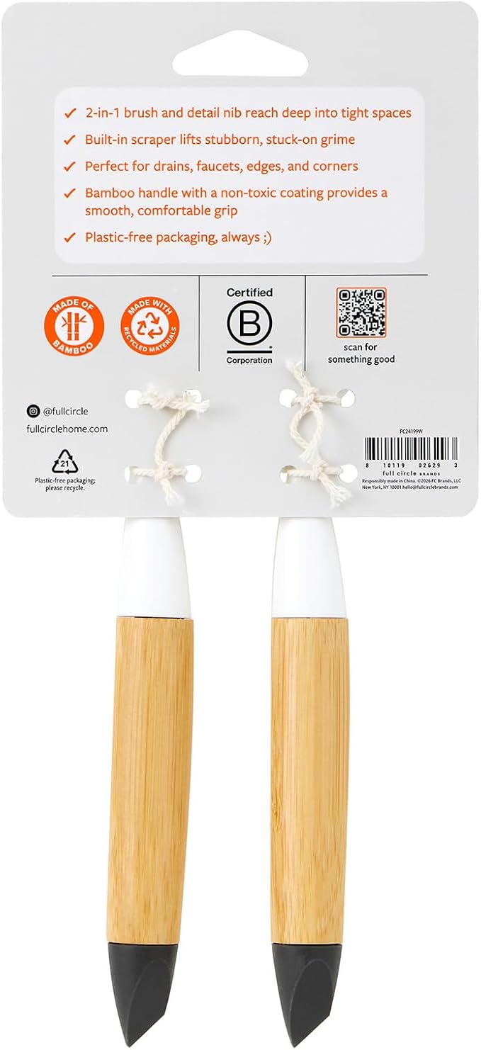 Full Circle Micro Manager, Deep Cleaning Brush for Crevices, Shower, & Grout, Tough Bristles, Sustainable Bamboo Handle, 2-Pack