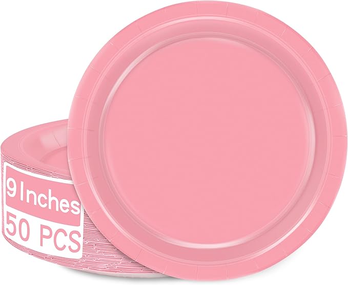 QZYL 50 PCS Pink Paper Plates, Round Disposable Paper Plates, 9 Inches Dinnerware for Everyday Use, Heavy Duty TablewarePack for Birthday Wedding Bridal Shower Christmas Party