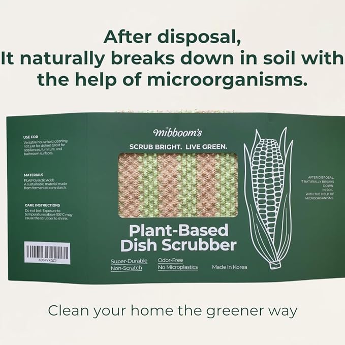 mibboom's Plant-Based Dish Scrubber [10 Pack] - Non-Scratch Corn Scourer, Odor-Free Kitchen Sponges, No Microplastic Dish Cloths for Nonstick Pans, Made in Korea